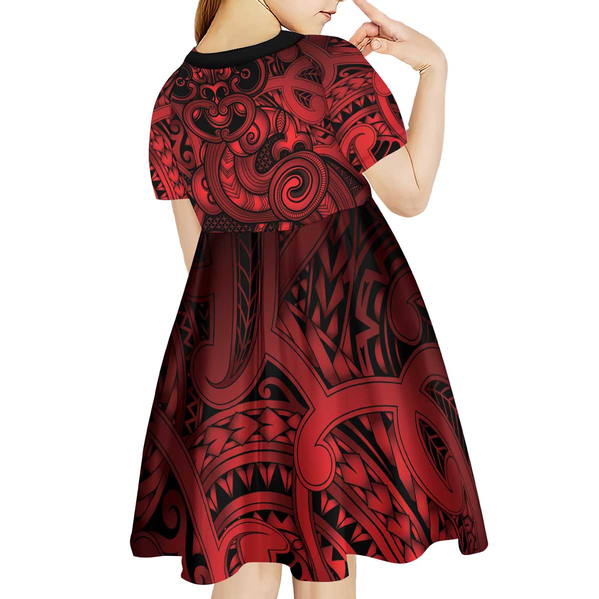 Aotearoa Maori Hei Tiki Kid Short Sleeve Dress Whero Kowhaiwhai Puhoro Motif