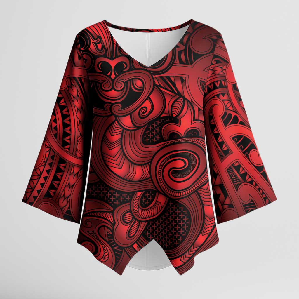 Aotearoa Maori Hei Tiki Kimono Sleeve Blouse Whero Kowhaiwhai Puhoro Motif