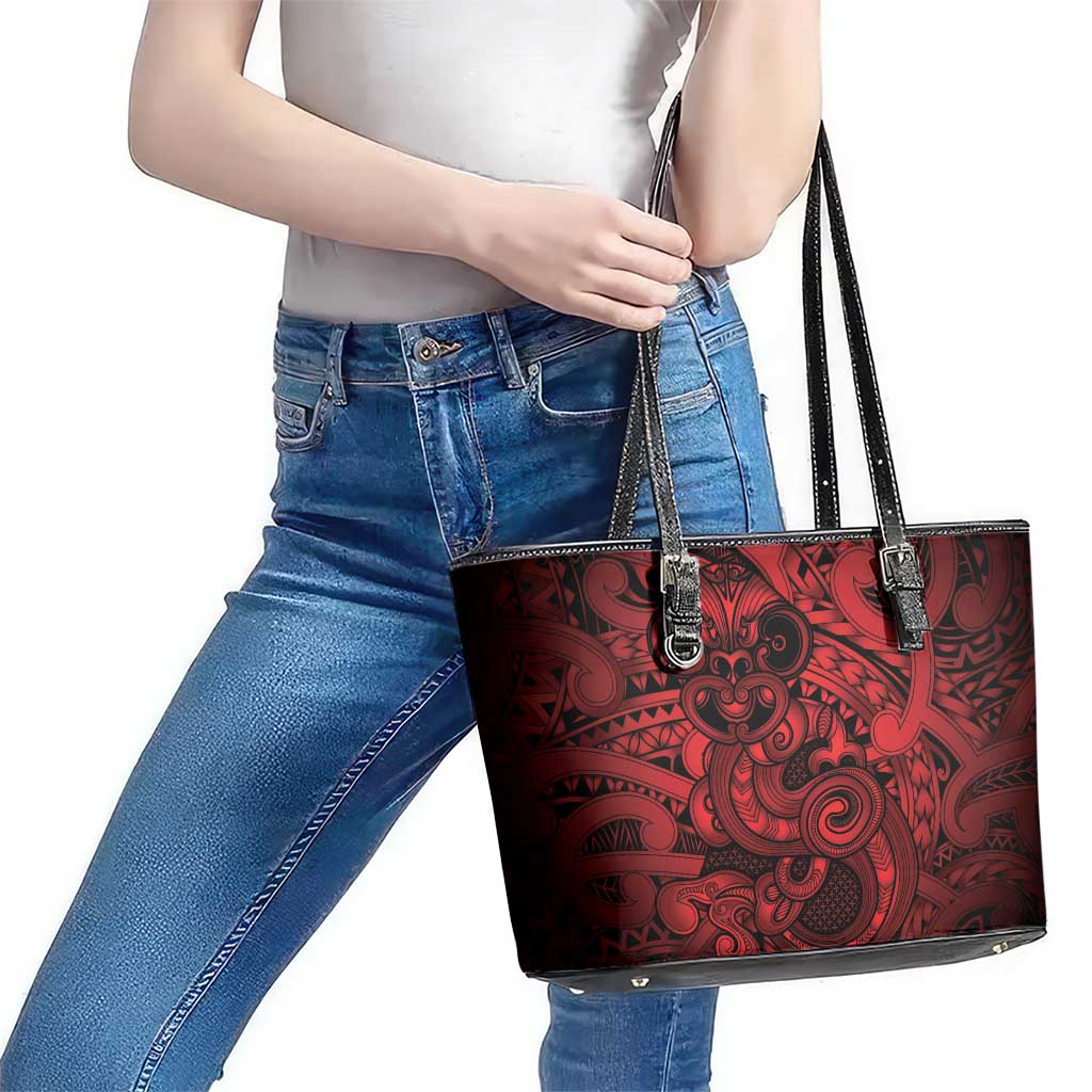 Aotearoa Maori Hei Tiki Leather Tote Bag Whero Kowhaiwhai Puhoro Motif LT9 - Polynesian Pride