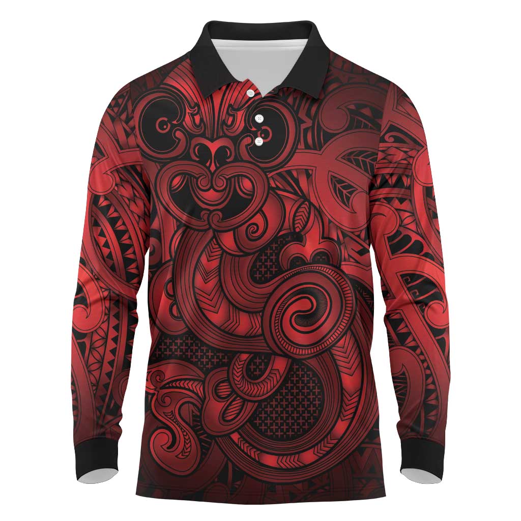 Aotearoa Maori Hei Tiki Long Sleeve Polo Shirt Whero Kowhaiwhai Puhoro Motif