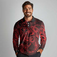 Aotearoa Maori Hei Tiki Long Sleeve Polo Shirt Whero Kowhaiwhai Puhoro Motif