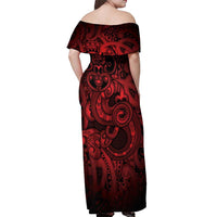 Aotearoa Maori Hei Tiki Off Shoulder Maxi Dress Whero Kowhaiwhai Puhoro Motif