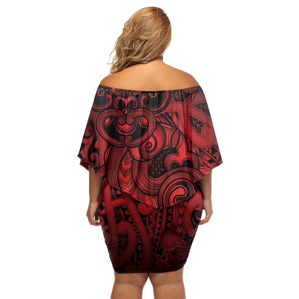 Aotearoa Maori Hei Tiki Off Shoulder Short Dress Whero Kowhaiwhai Puhoro Motif LT9 - Polynesian Pride