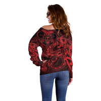 Aotearoa Maori Hei Tiki Off Shoulder Sweater Whero Kowhaiwhai Puhoro Motif LT9 - Polynesian Pride