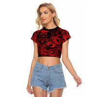 Aotearoa Maori Hei Tiki Raglan Cropped T Shirt Whero Kowhaiwhai Puhoro Motif LT9 Female Red - Polynesian Pride