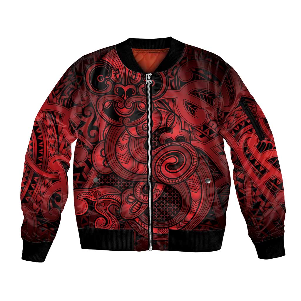 Aotearoa Maori Hei Tiki Sleeve Zip Bomber Jacket Whero Kowhaiwhai Puhoro Motif