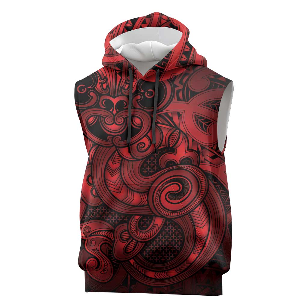 Aotearoa Maori Hei Tiki Sleeveless Hoodie Whero Kowhaiwhai Puhoro Motif