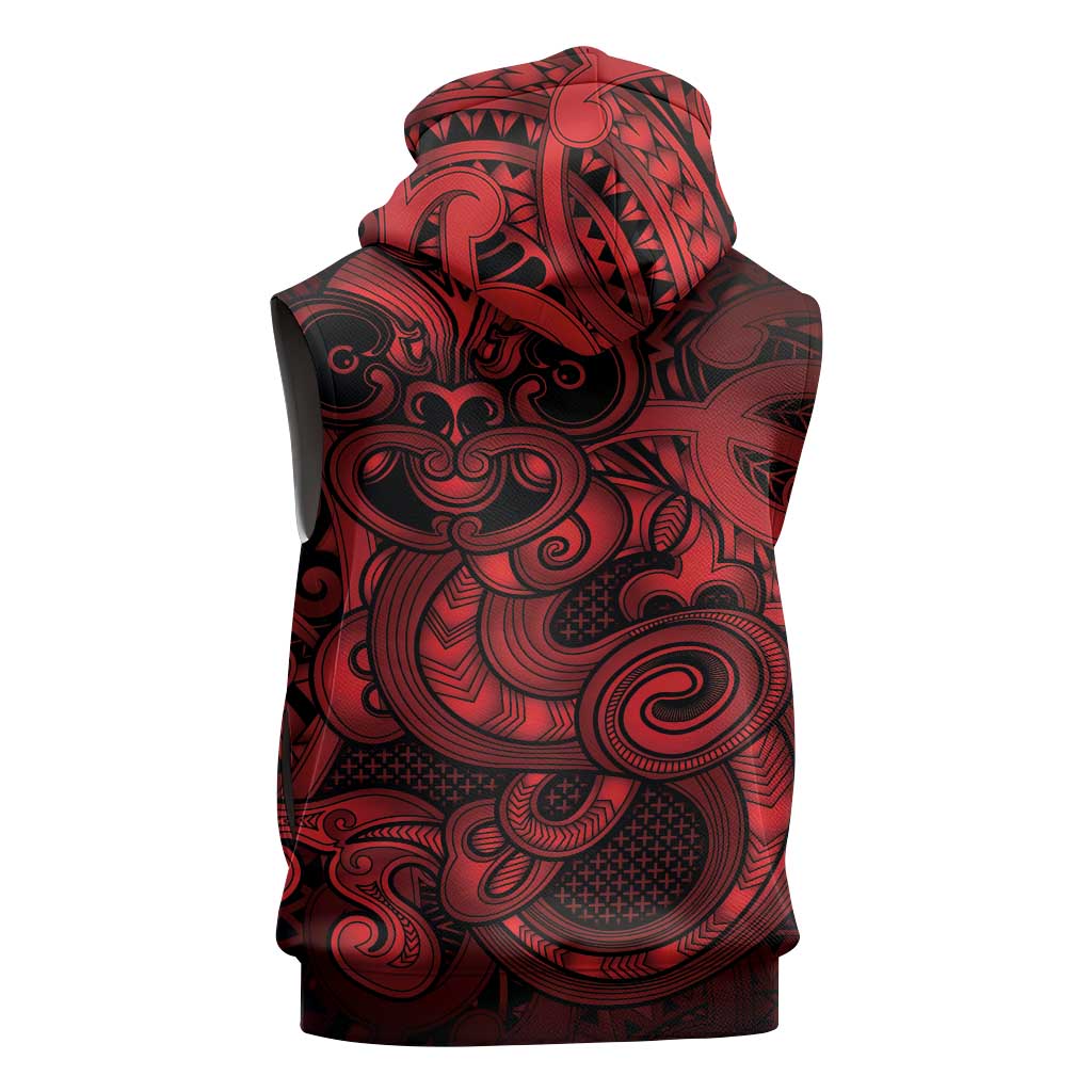 Aotearoa Maori Hei Tiki Sleeveless Hoodie Whero Kowhaiwhai Puhoro Motif