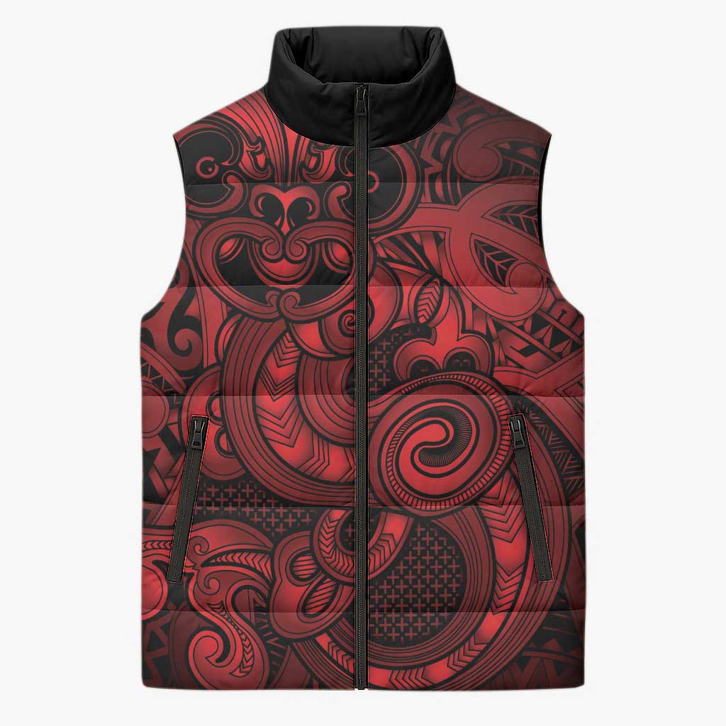 Aotearoa Maori Hei Tiki Sleeveless Puffer Jacket Whero Kowhaiwhai Puhoro Motif