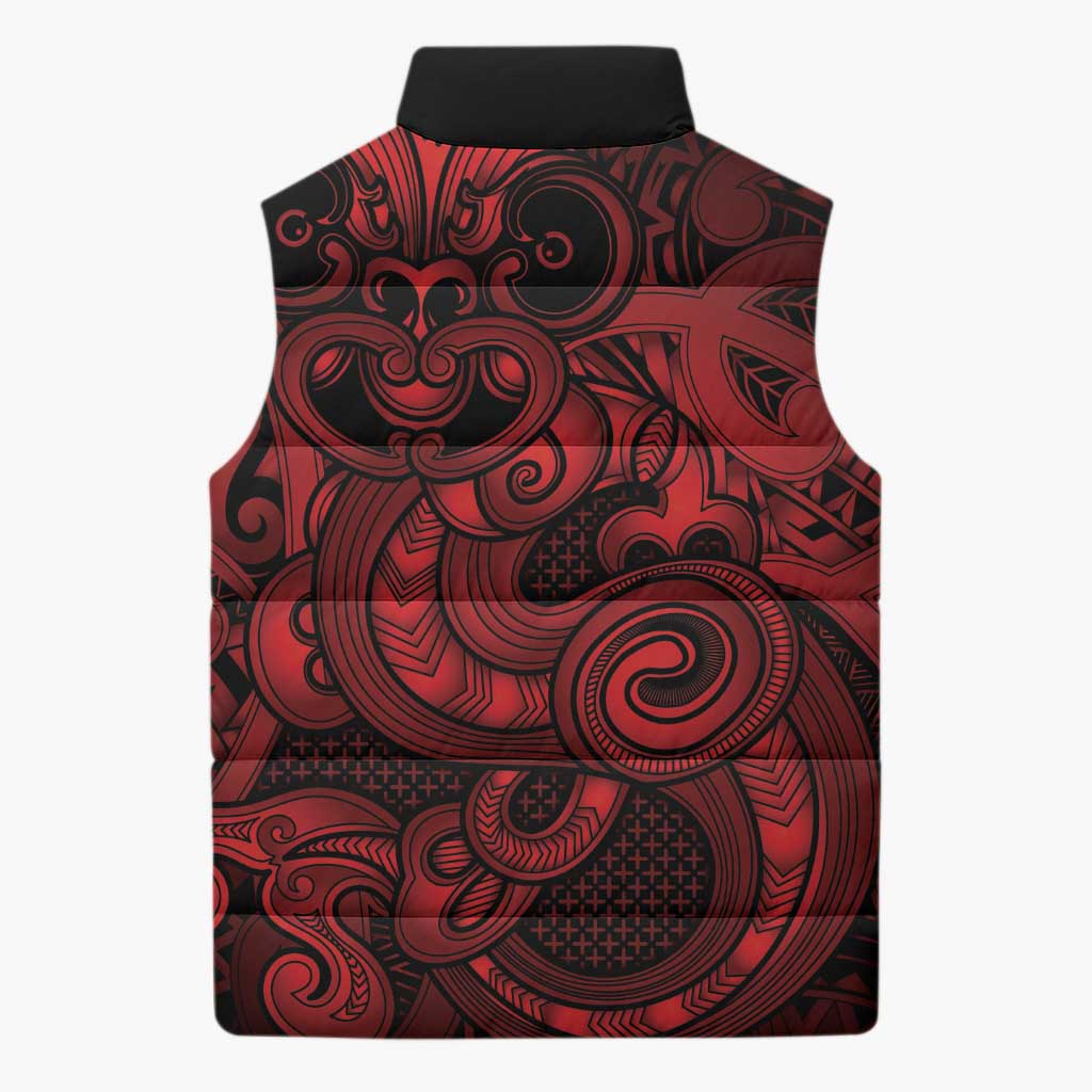 Aotearoa Maori Hei Tiki Sleeveless Puffer Jacket Whero Kowhaiwhai Puhoro Motif