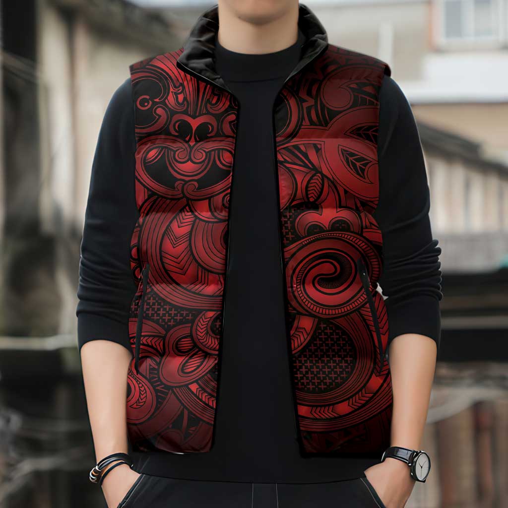Aotearoa Maori Hei Tiki Sleeveless Puffer Jacket Whero Kowhaiwhai Puhoro Motif