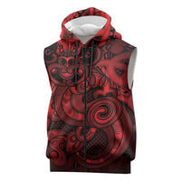 Aotearoa Maori Hei Tiki Sleeveless Zip Hoodie Whero Kowhaiwhai Puhoro Motif