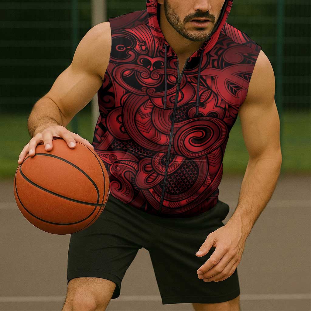 Aotearoa Maori Hei Tiki Sleeveless Zip Hoodie Whero Kowhaiwhai Puhoro Motif