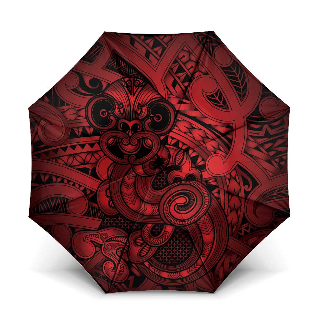 Aotearoa Maori Hei Tiki Umbrella Whero Kowhaiwhai Puhoro Motif LT9 One Size Folded 11.42 inch Opened Diameter 37.4 inch Red - Polynesian Pride