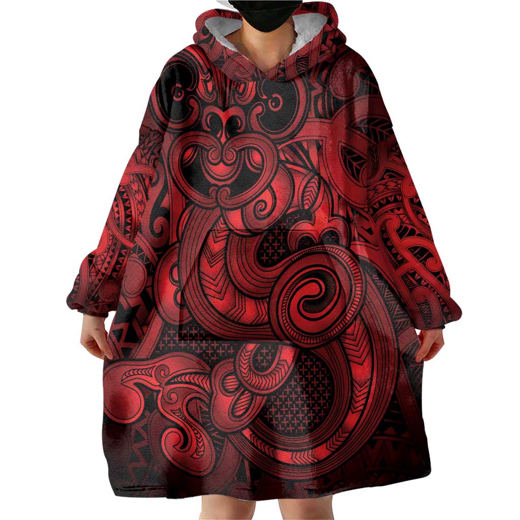 Aotearoa Maori Hei Tiki Wearable Blanket Hoodie Whero Kowhaiwhai Puhoro Motif