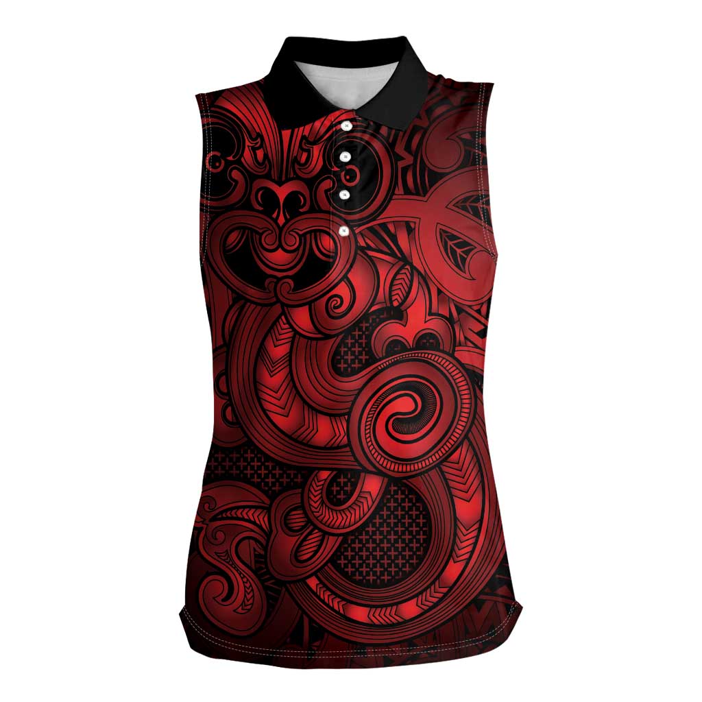 Aotearoa Maori Hei Tiki Women Sleeveless Polo Shirt Whero Kowhaiwhai Puhoro Motif LT9 Female Red - Polynesian Pride