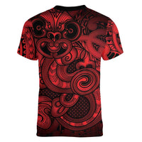 Aotearoa Maori Hei Tiki Women V-Neck T-Shirt Whero Kowhaiwhai Puhoro Motif LT9 - Polynesian Pride