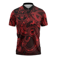 Aotearoa Maori Hei Tiki Zipper Polo Shirt Whero Kowhaiwhai Puhoro Motif