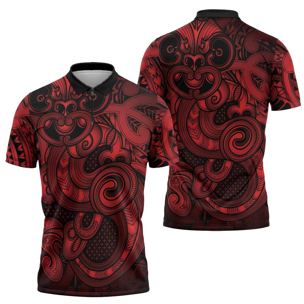 Aotearoa Maori Hei Tiki Zipper Polo Shirt Whero Kowhaiwhai Puhoro Motif