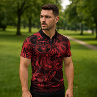 Aotearoa Maori Hei Tiki Zipper Polo Shirt Whero Kowhaiwhai Puhoro Motif