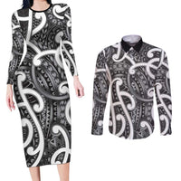 Aotearoa Maori Kowhaiwhai Couples Matching Long Sleeve Bodycon Dress and Long Sleeve Button Shirt Kiwikiwi Puhoro and Patiki