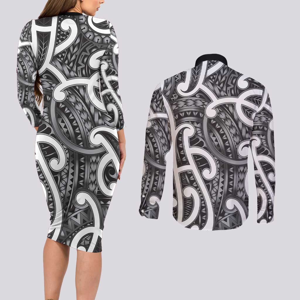 Aotearoa Maori Kowhaiwhai Couples Matching Long Sleeve Bodycon Dress and Long Sleeve Button Shirt Kiwikiwi Puhoro and Patiki