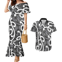 Aotearoa Maori Kowhaiwhai Couples Matching Mermaid Dress and Hawaiian Shirt Kiwikiwi Puhoro and Patiki