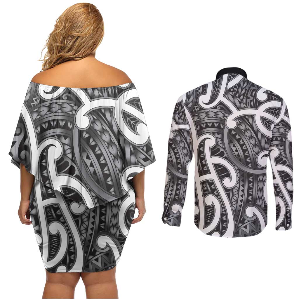 Aotearoa Maori Kowhaiwhai Couples Matching Off Shoulder Short Dress and Long Sleeve Button Shirt Kiwikiwi Puhoro and Patiki LT9 - Polynesian Pride