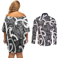 Aotearoa Maori Kowhaiwhai Couples Matching Off Shoulder Short Dress and Long Sleeve Button Shirt Kiwikiwi Puhoro and Patiki LT9 - Polynesian Pride