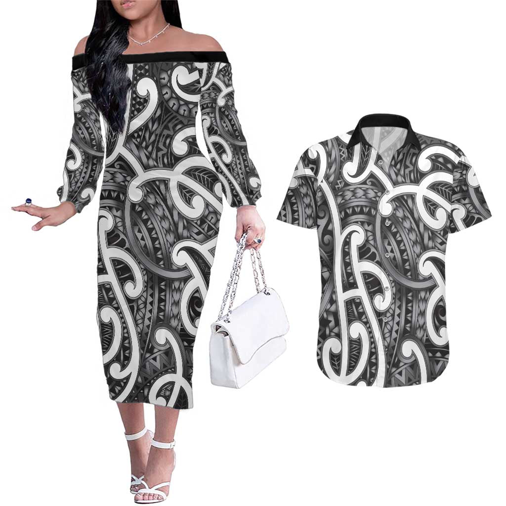 Aotearoa Maori Kowhaiwhai Couples Matching Off The Shoulder Long Sleeve Dress and Hawaiian Shirt Kiwikiwi Puhoro and Patiki