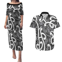 Aotearoa Maori Kowhaiwhai Couples Matching Puletasi and Hawaiian Shirt Kiwikiwi Puhoro and Patiki