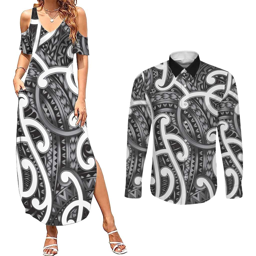 Aotearoa Maori Kowhaiwhai Couples Matching Summer Maxi Dress and Long Sleeve Button Shirt Kiwikiwi Puhoro and Patiki