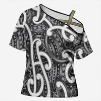 Aotearoa Maori Kowhaiwhai Cross Shoulder Shirt Kiwikiwi Puhoro and Patiki LT9 Female Grey - Polynesian Pride