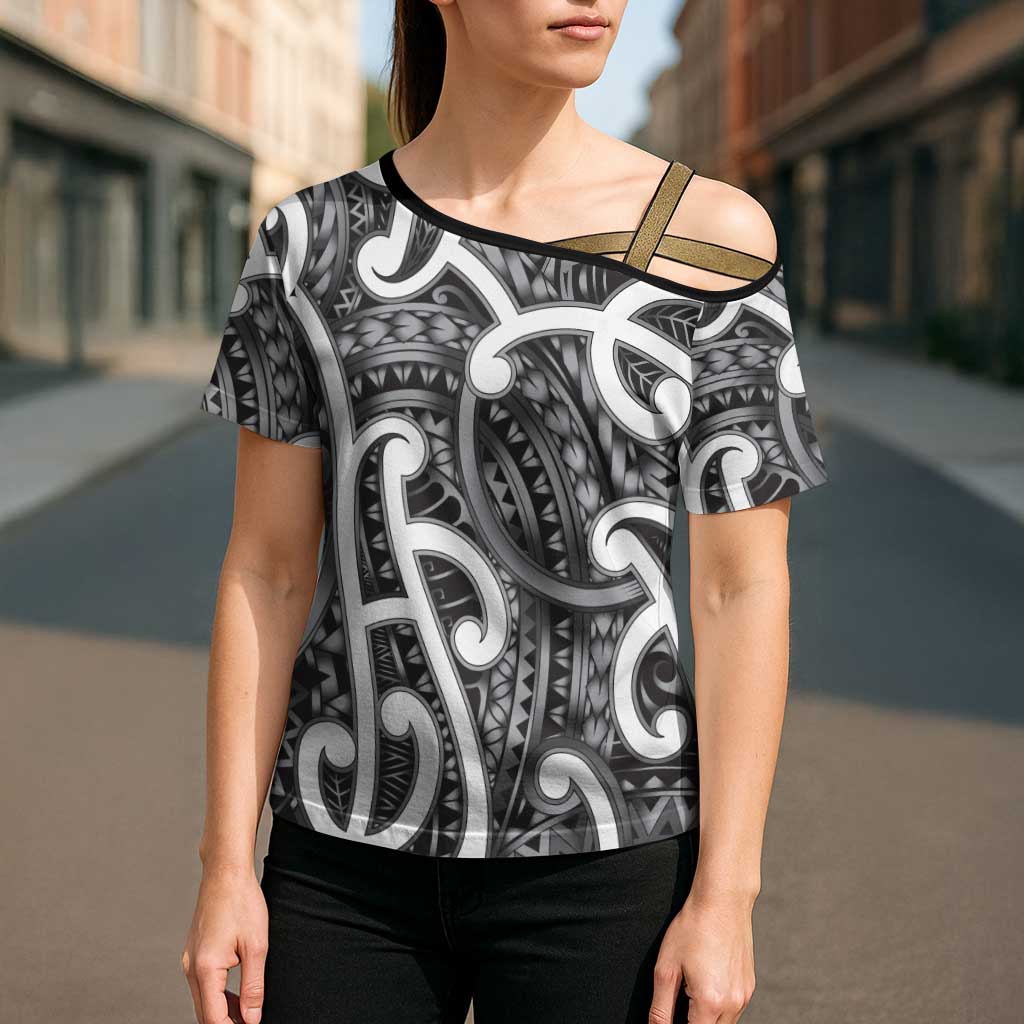 Aotearoa Maori Kowhaiwhai Cross Shoulder Shirt Kiwikiwi Puhoro and Patiki LT9 - Polynesian Pride
