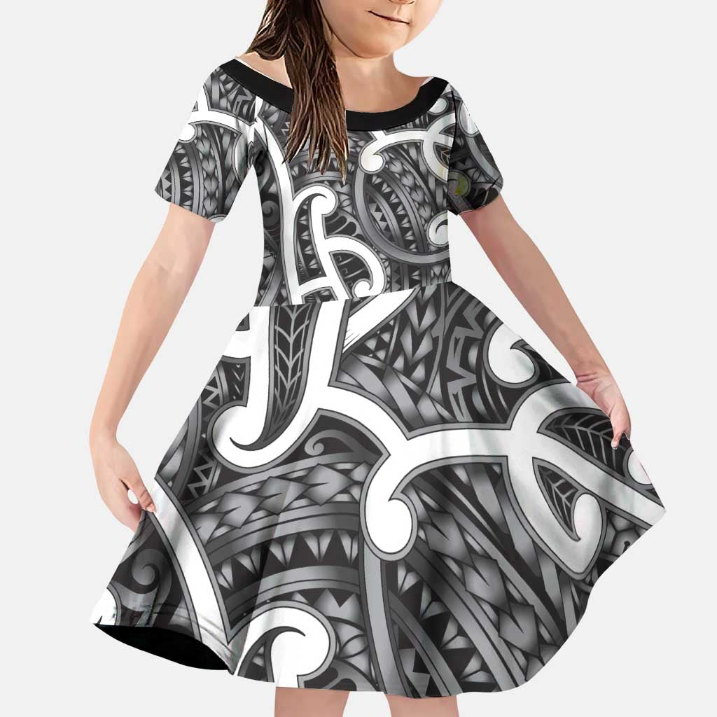 Aotearoa Maori Kowhaiwhai Family Matching Long Sleeve Bodycon Dress and Hawaiian Shirt Kiwikiwi Puhoro and Patiki LT9 Daughter's Dress Grey - Polynesian Pride