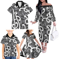 Aotearoa Maori Kowhaiwhai Family Matching Off The Shoulder Long Sleeve Dress and Hawaiian Shirt Kiwikiwi Puhoro and Patiki LT9 - Polynesian Pride