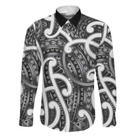 Aotearoa Maori Kowhaiwhai Family Matching Off Shoulder Maxi Dress and Hawaiian Shirt Kiwikiwi Puhoro and Patiki LT9 Dad's Shirt - Long Sleeve Grey - Polynesian Pride