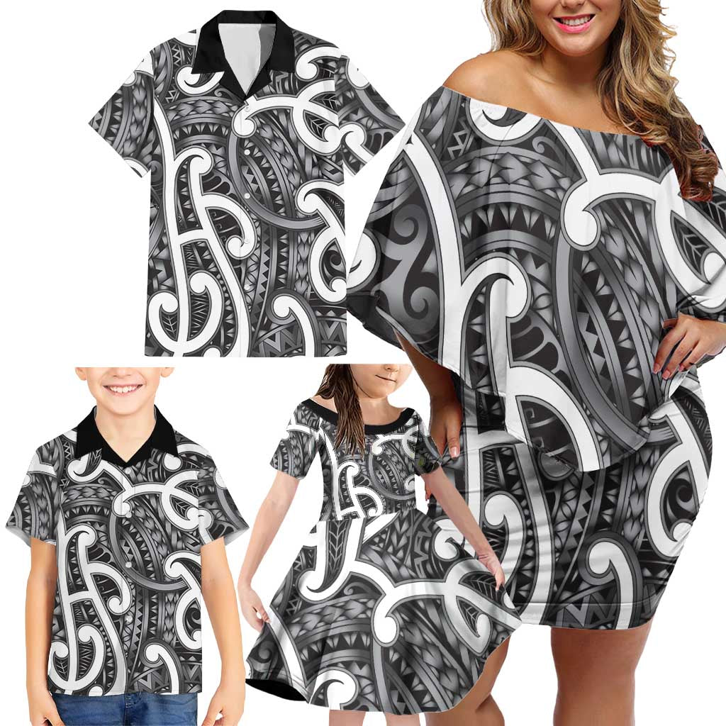 Aotearoa Maori Kowhaiwhai Family Matching Off Shoulder Short Dress and Hawaiian Shirt Kiwikiwi Puhoro and Patiki LT9 - Polynesian Pride