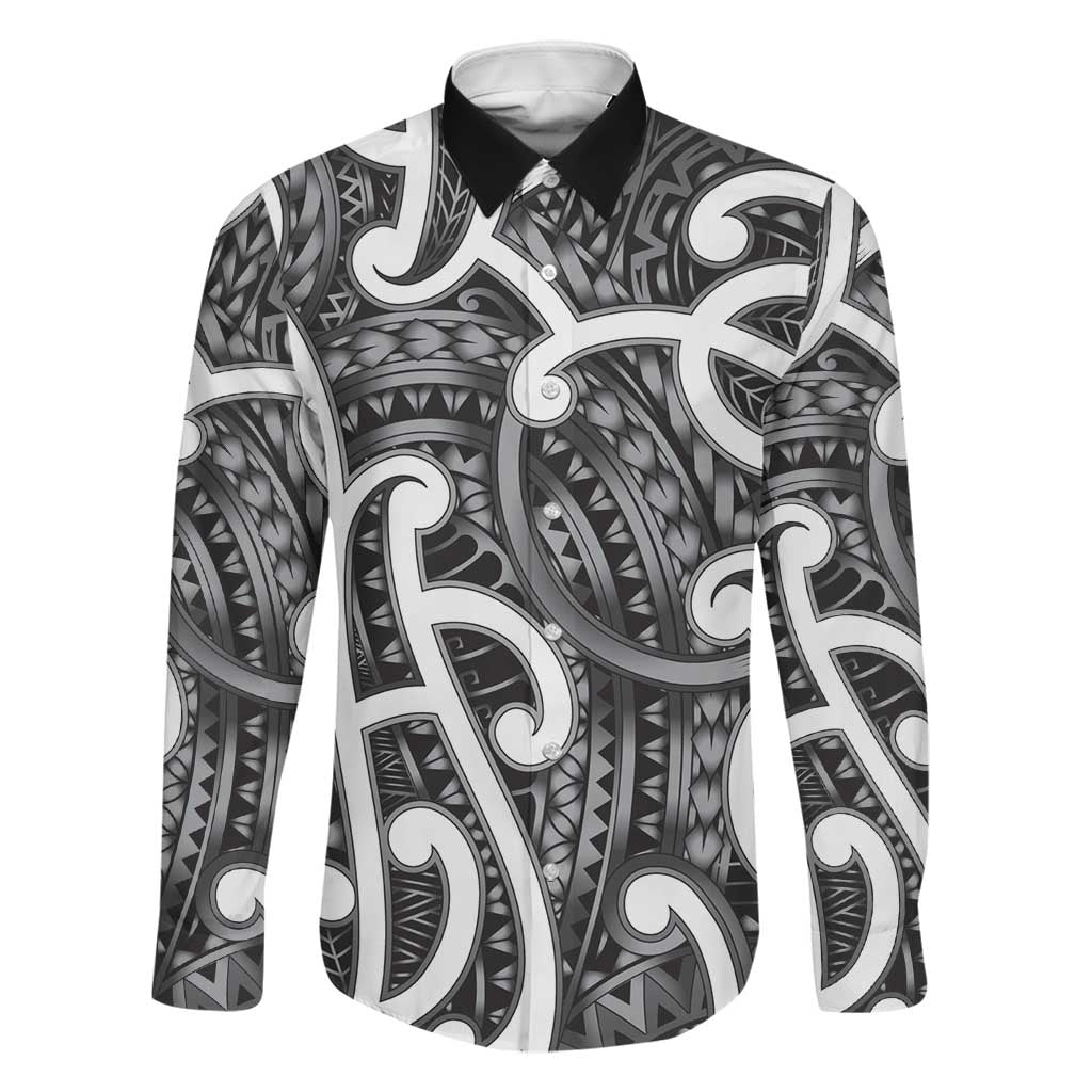 Aotearoa Maori Kowhaiwhai Family Matching Puletasi and Hawaiian Shirt Kiwikiwi Puhoro and Patiki LT9 Dad's Shirt - Long Sleeve Grey - Polynesian Pride