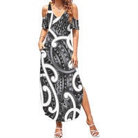 Aotearoa Maori Kowhaiwhai Family Matching Summer Maxi Dress and Hawaiian Shirt Kiwikiwi Puhoro and Patiki LT9 Mom's Dress Grey - Polynesian Pride