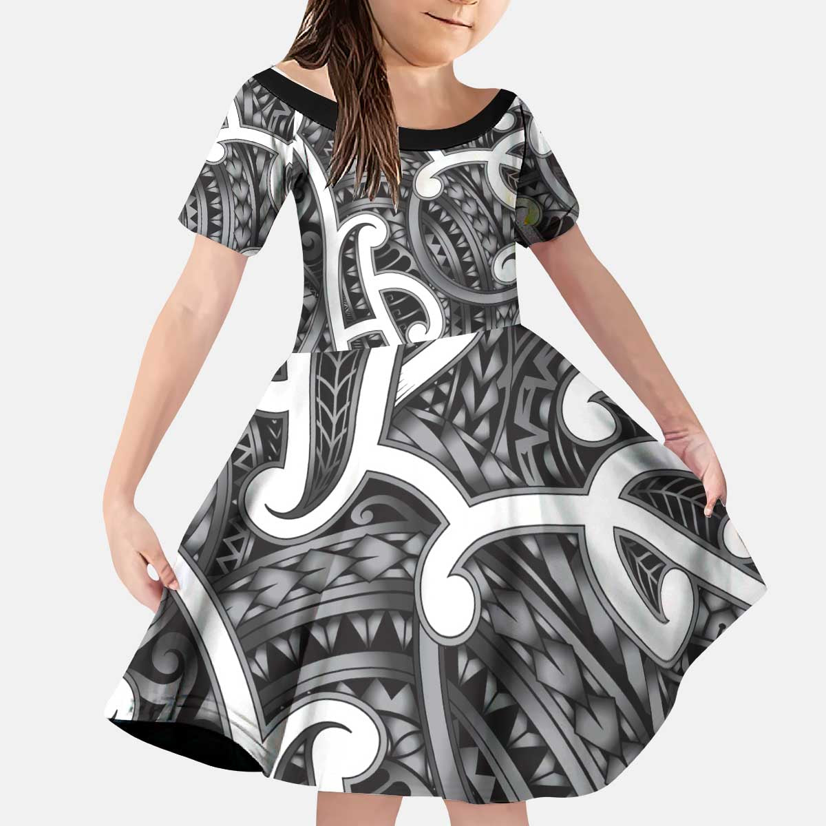 Aotearoa Maori Kowhaiwhai Kid Short Sleeve Dress Kiwikiwi Puhoro and Patiki LT9 KID Grey - Polynesian Pride