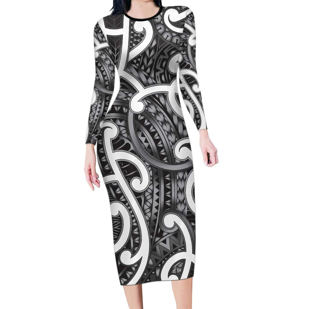 Aotearoa Maori Kowhaiwhai Long Sleeve Bodycon Dress Kiwikiwi Puhoro and Patiki LT9 Long Dress Grey - Polynesian Pride