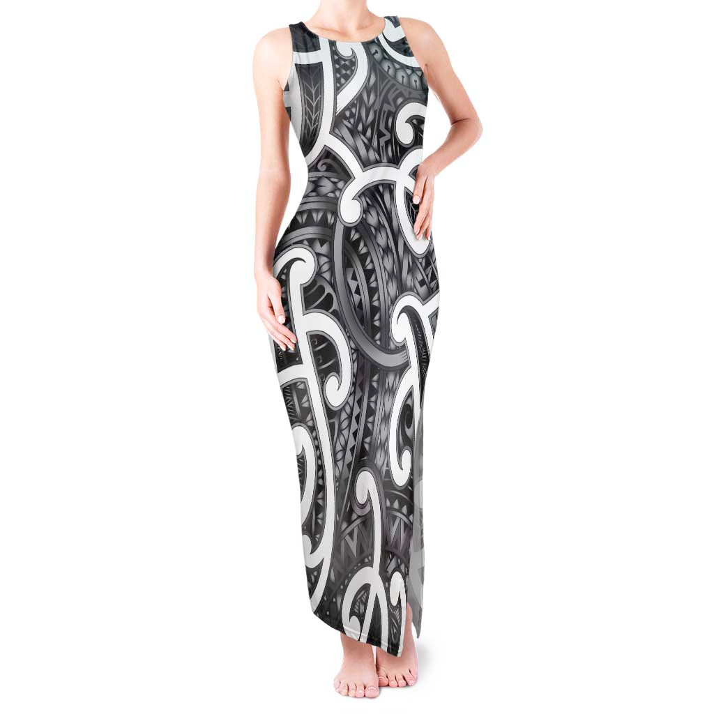 Aotearoa Maori Kowhaiwhai Tank Maxi Dress Kiwikiwi Puhoro and Patiki LT9 Women Grey - Polynesian Pride