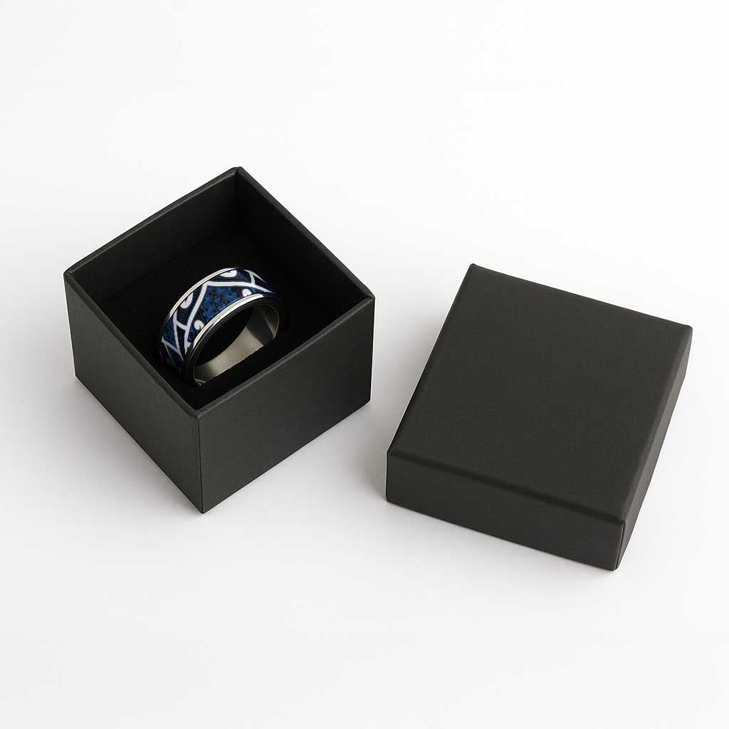 Aotearoa Maori Kowhaiwhai Classic Ring Kikorangi Puhoro and Patiki