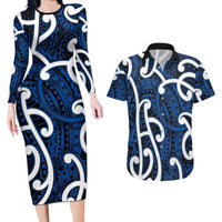 Aotearoa Maori Kowhaiwhai Couples Matching Long Sleeve Bodycon Dress and Hawaiian Shirt Kikorangi Puhoro and Patiki LT9 Blue - Polynesian Pride