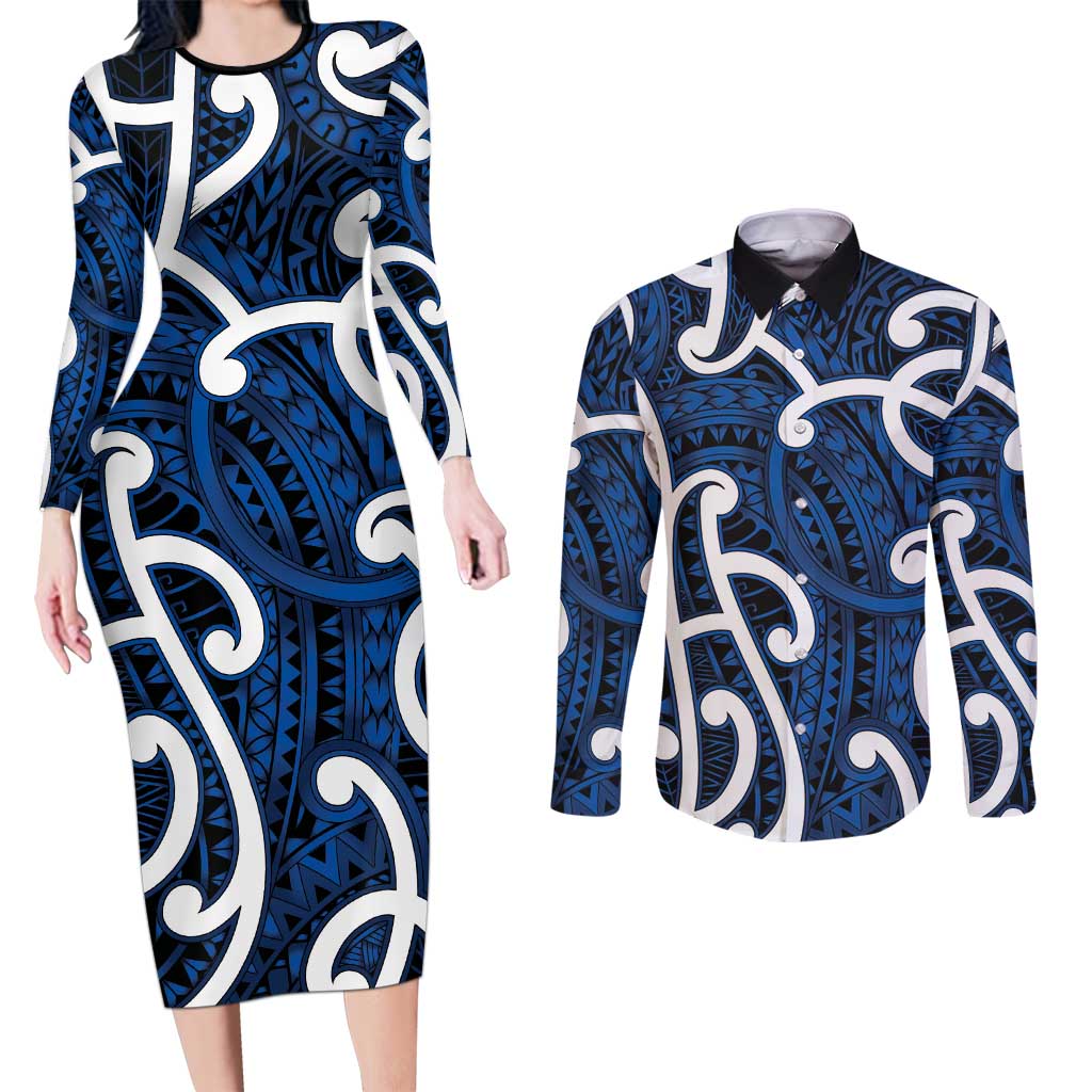 Aotearoa Maori Kowhaiwhai Couples Matching Long Sleeve Bodycon Dress and Long Sleeve Button Shirt Kikorangi Puhoro and Patiki