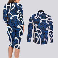 Aotearoa Maori Kowhaiwhai Couples Matching Long Sleeve Bodycon Dress and Long Sleeve Button Shirt Kikorangi Puhoro and Patiki