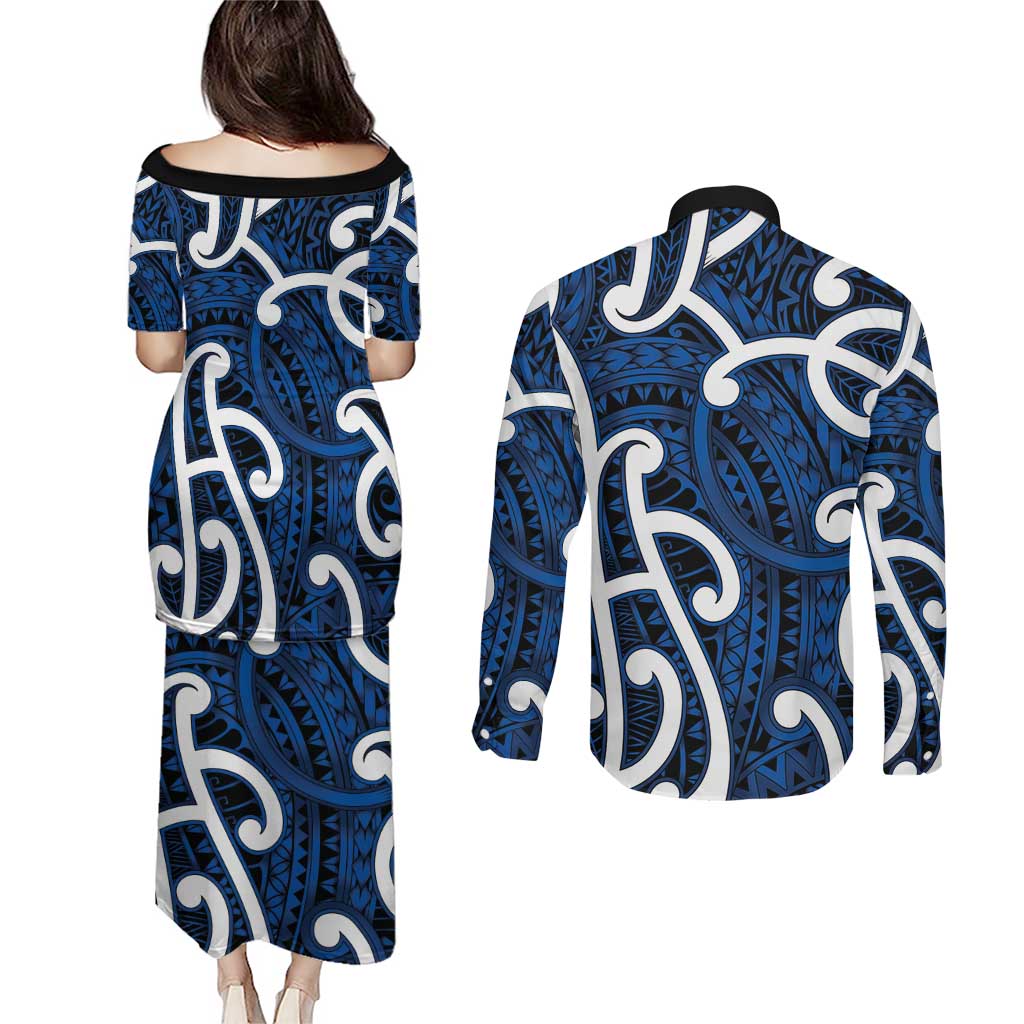 Aotearoa Maori Kowhaiwhai Couples Matching Puletasi and Long Sleeve Button Shirt Kikorangi Puhoro and Patiki LT9 - Polynesian Pride