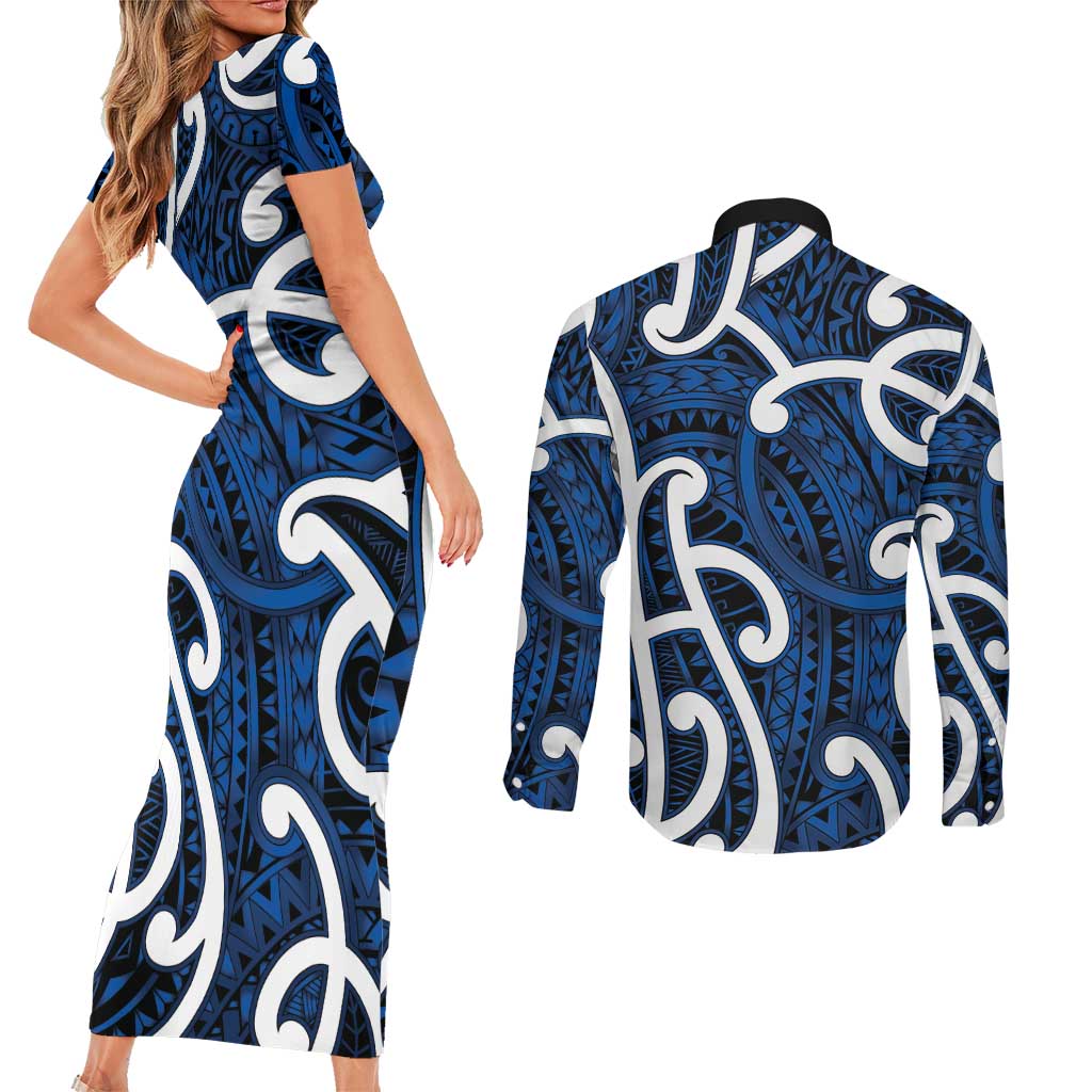 Aotearoa Maori Kowhaiwhai Couples Matching Short Sleeve Bodycon Dress and Long Sleeve Button Shirt Kikorangi Puhoro and Patiki