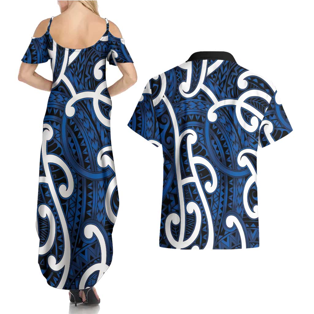 Aotearoa Maori Kowhaiwhai Couples Matching Summer Maxi Dress and Hawaiian Shirt Kikorangi Puhoro and Patiki